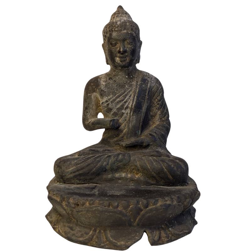 Tibetaans bronzen Boeddhabeeld op lotustroon met rituele gebruikssporen