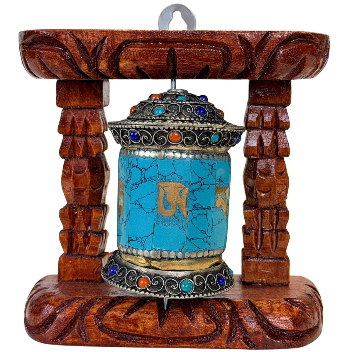 Tibetaans gebedswiel in houten frame met turquoise inleg