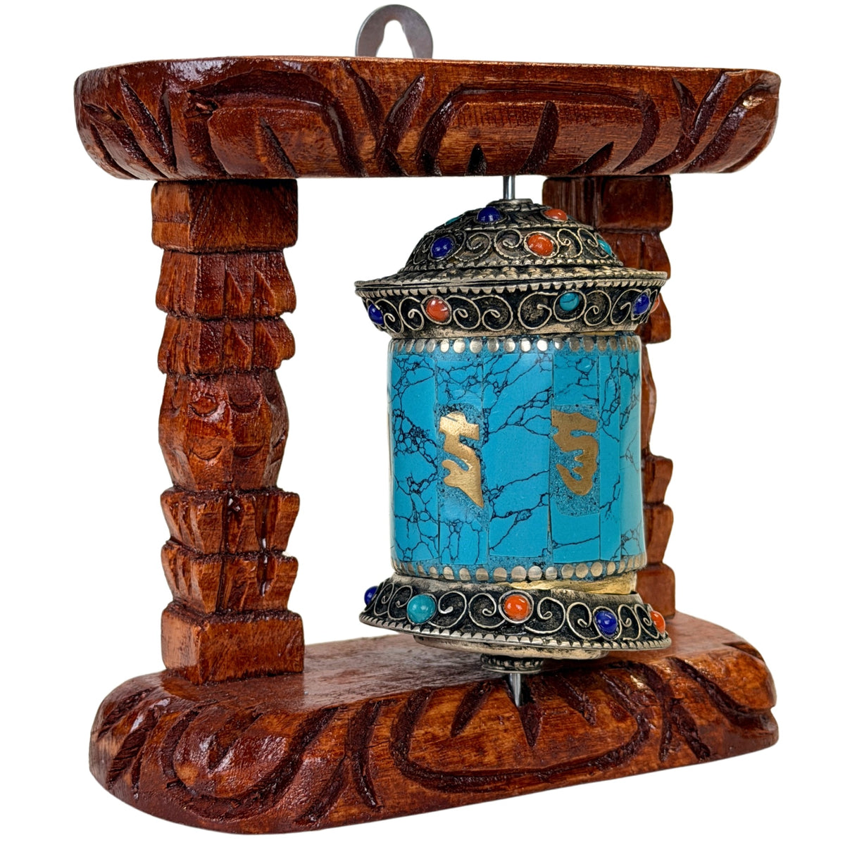 Tibetaans gebedswiel met mantra en decoratieve stenen