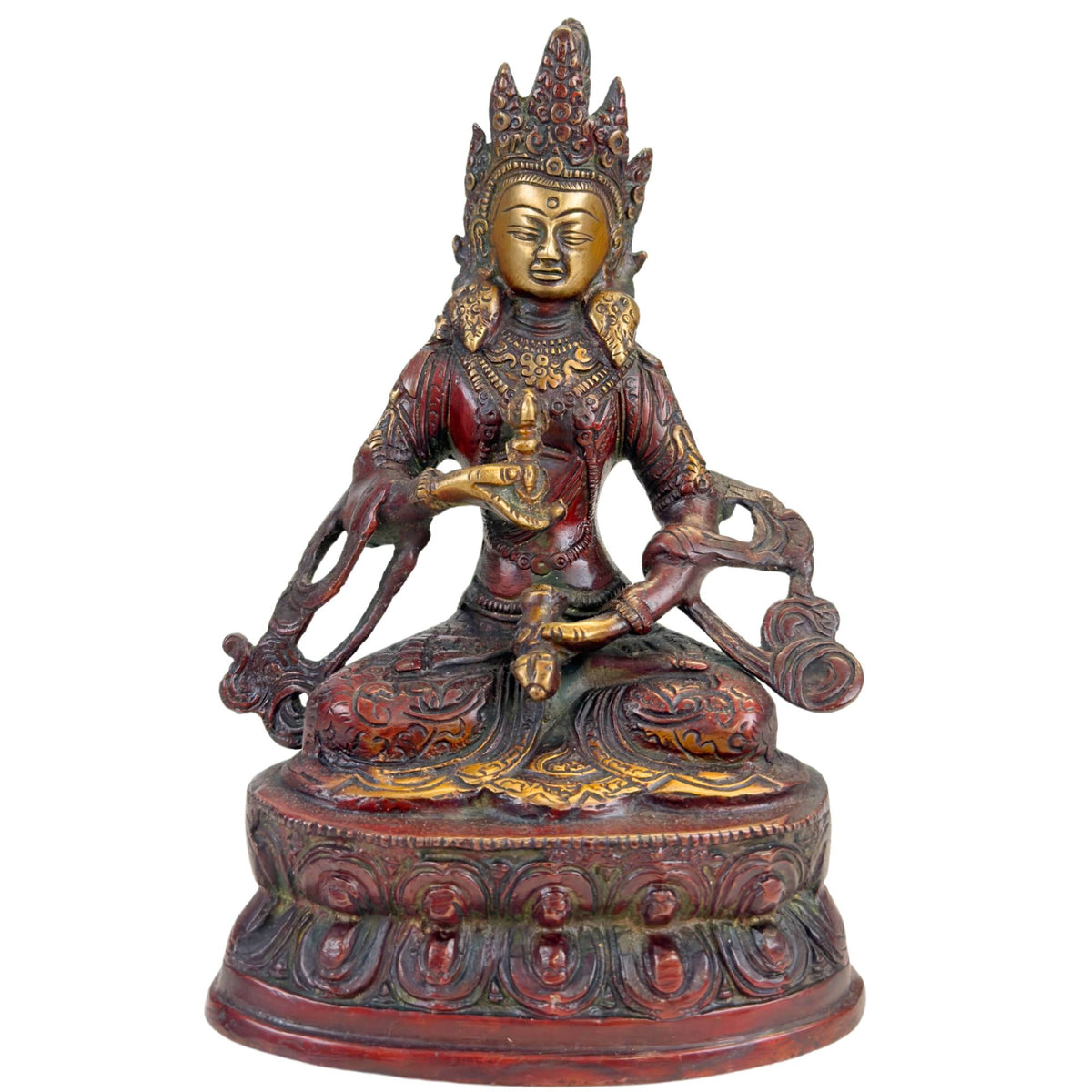 Tibetaans Vajrasattva beeld van brons met roodbruine patina, vergulde accenten en lotusbasis
