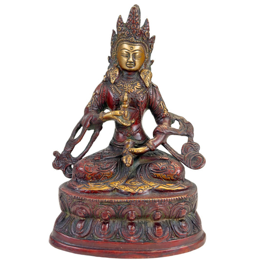 Tibetaans Vajrasattva beeld van brons met roodbruine patina, vergulde accenten en lotusbasis