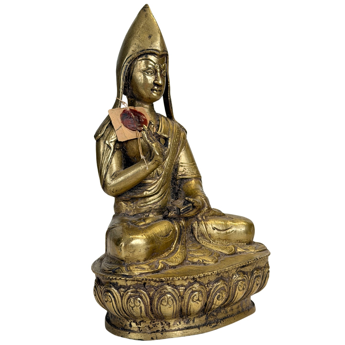 Antieke Tibetaanse Gelug lama in vuurverguld brons met Nepalees exportzegel uit 1962