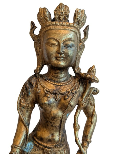 Tibetan Avalokiteshvara bronze standing statue with aged fire gilding
