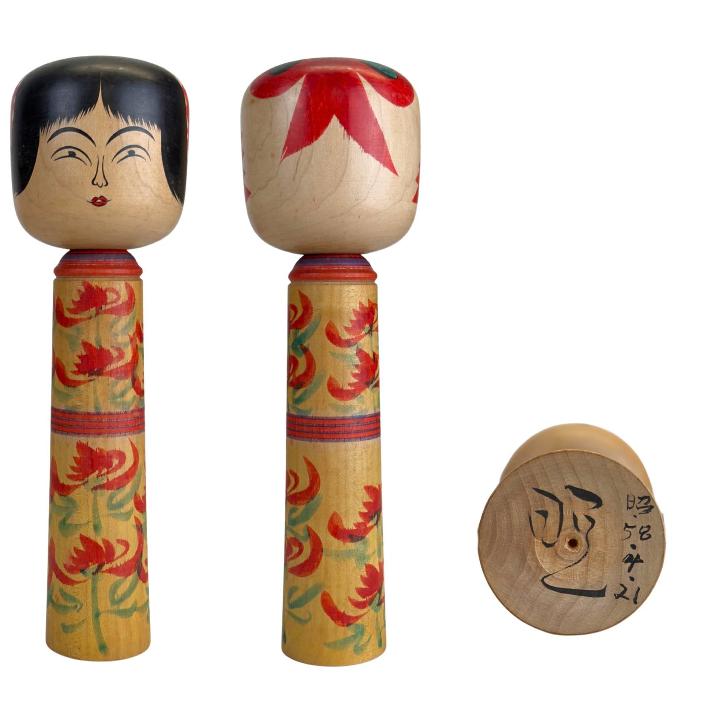Togatta Kokeshi pop door Akira Sato, vooraanzicht en zijaanzicht 1983