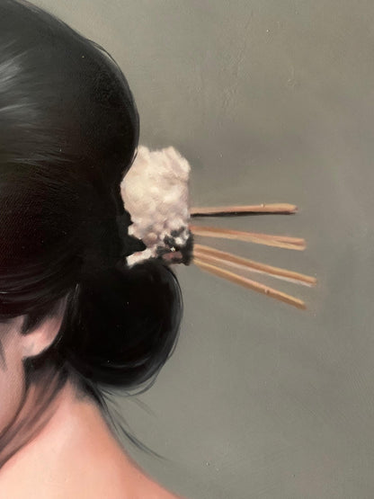 Uniek Aziatisch verzamelobject en handgemaakt schilderij van een geisha als architecturaal statement piece voor moderne woonruimtes.