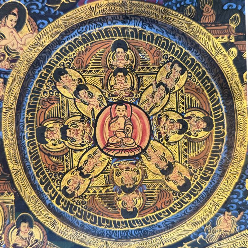 Fijn gouden lijnwerk in Vajradhatu mandala thangka