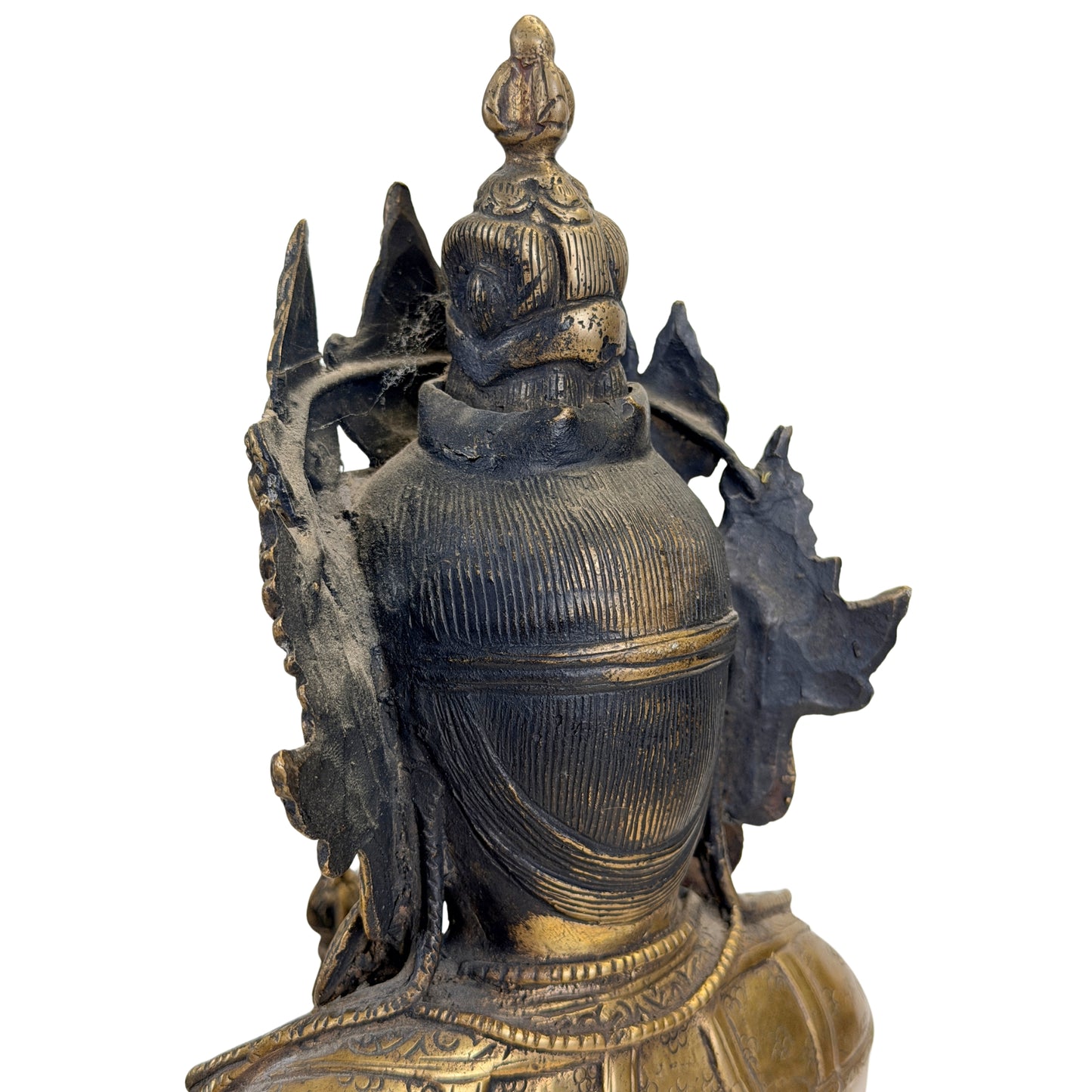 Achterzijde van het hoofd en de rijk gedecoreerde kroon van de Tibetaanse Vajrasattva