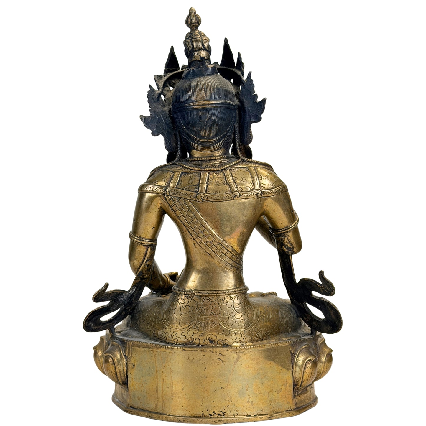 Achterzijde van monumentale Tibetaanse Vajrasattva met rijk handgegraveerd gewaad en historische vuurvergulding