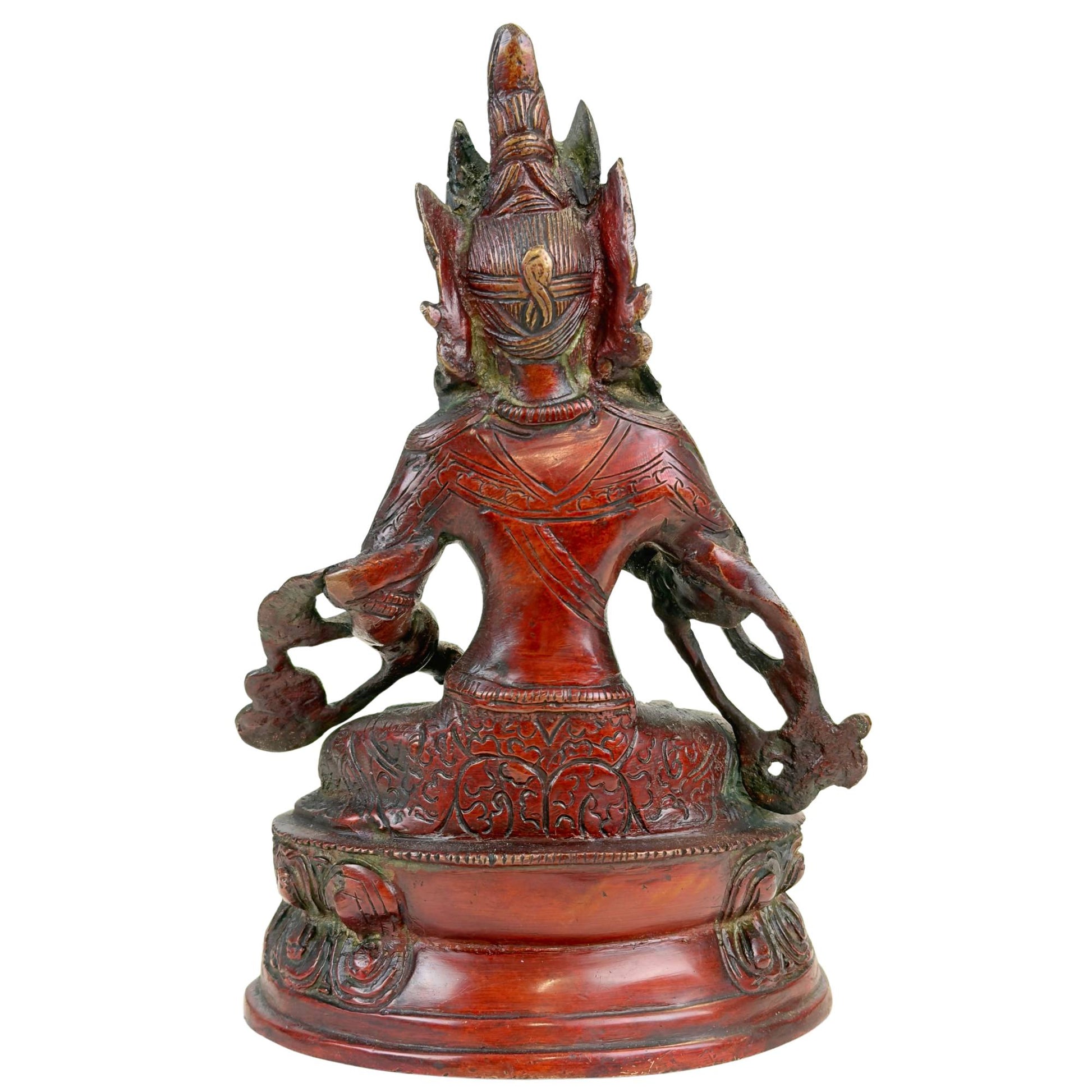 Rugzijde van Himalaya Vajrasattva beeld met roodbruine patina, sierdetails en natuurlijke koperoxidatie