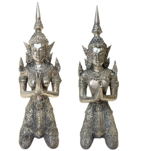 Verzilverd Thais Thepanom Engel Paar – Tempelbewakers – 18 cm & 17 cm