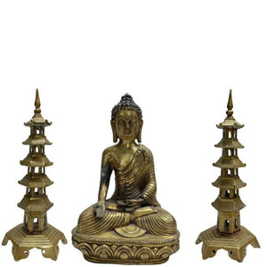 Chinese Bronzen Altaarset met  Medicijn Boeddha en Tweeling Pagode Torens - 3-Delig