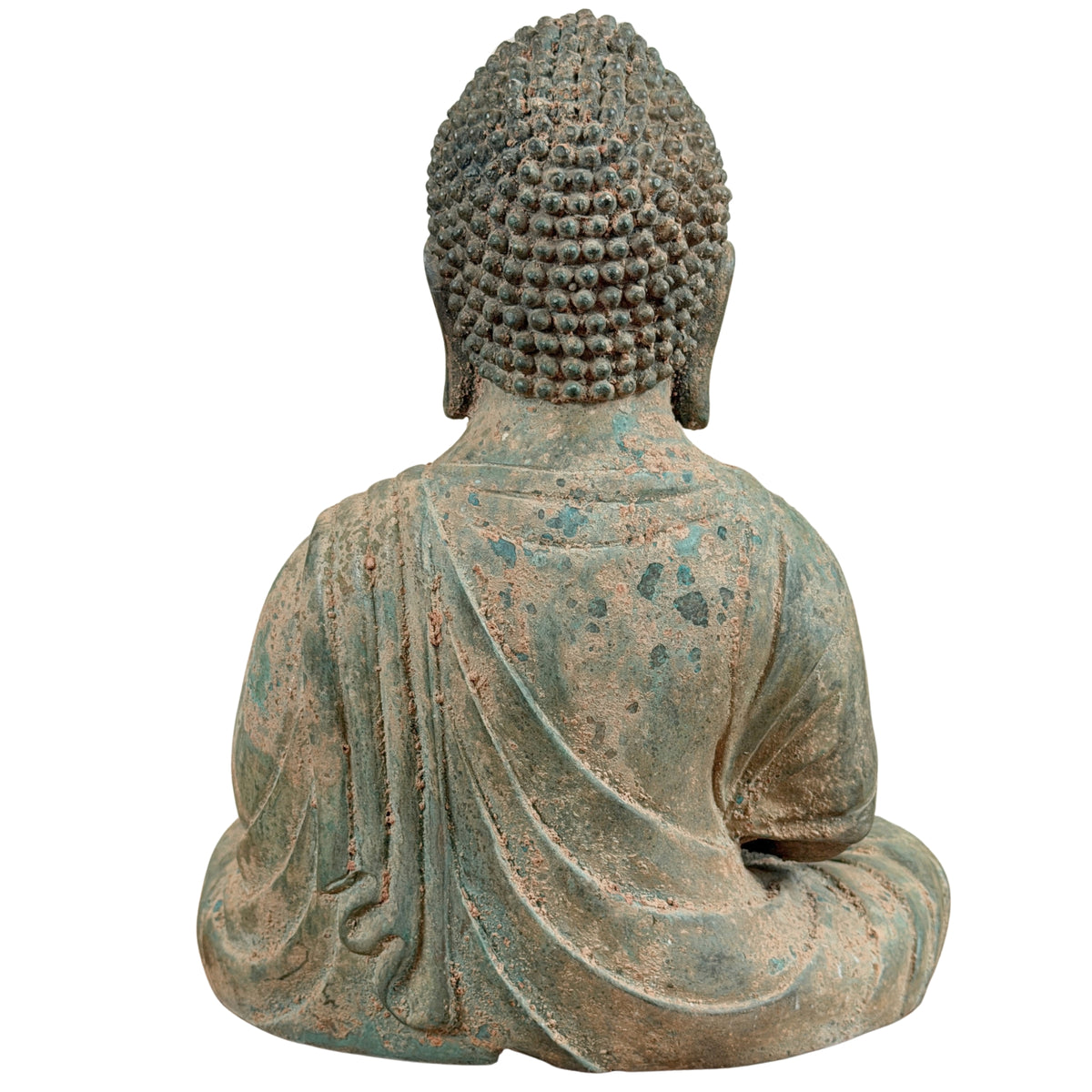 Achteraanzicht van de Japanse bronzen Boeddha met pij over de schouder
