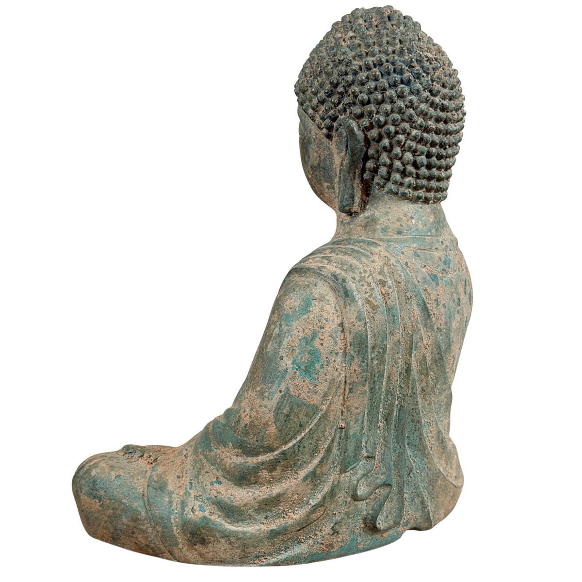 Driekwart achteraanzicht van de bronzen Boeddha, andere zijde