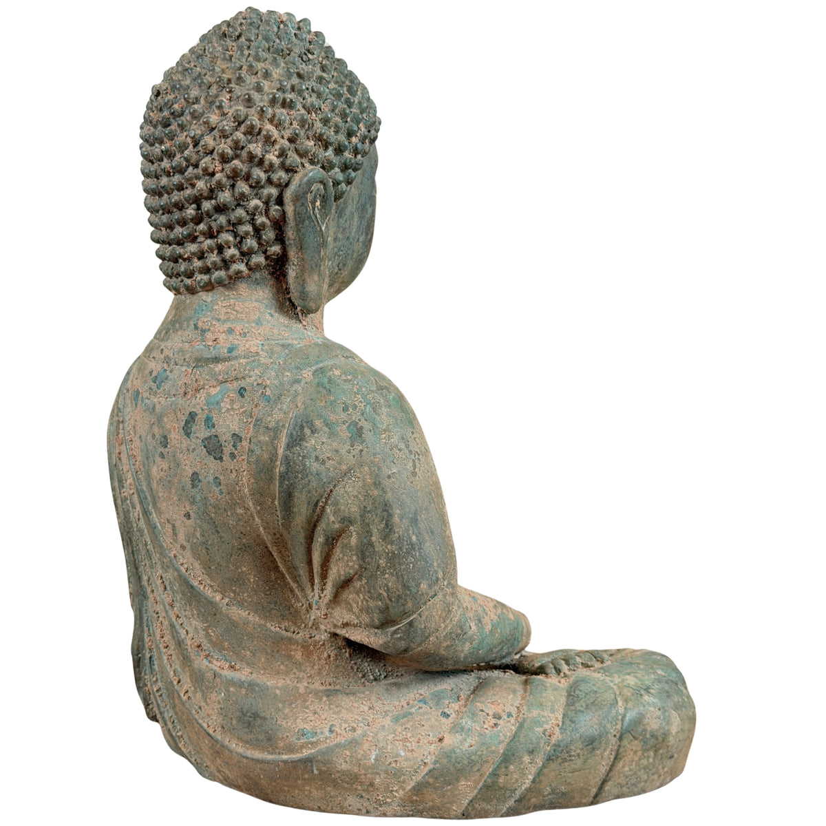 Driekwart achteraanzicht van de zittende bronzen Boeddha