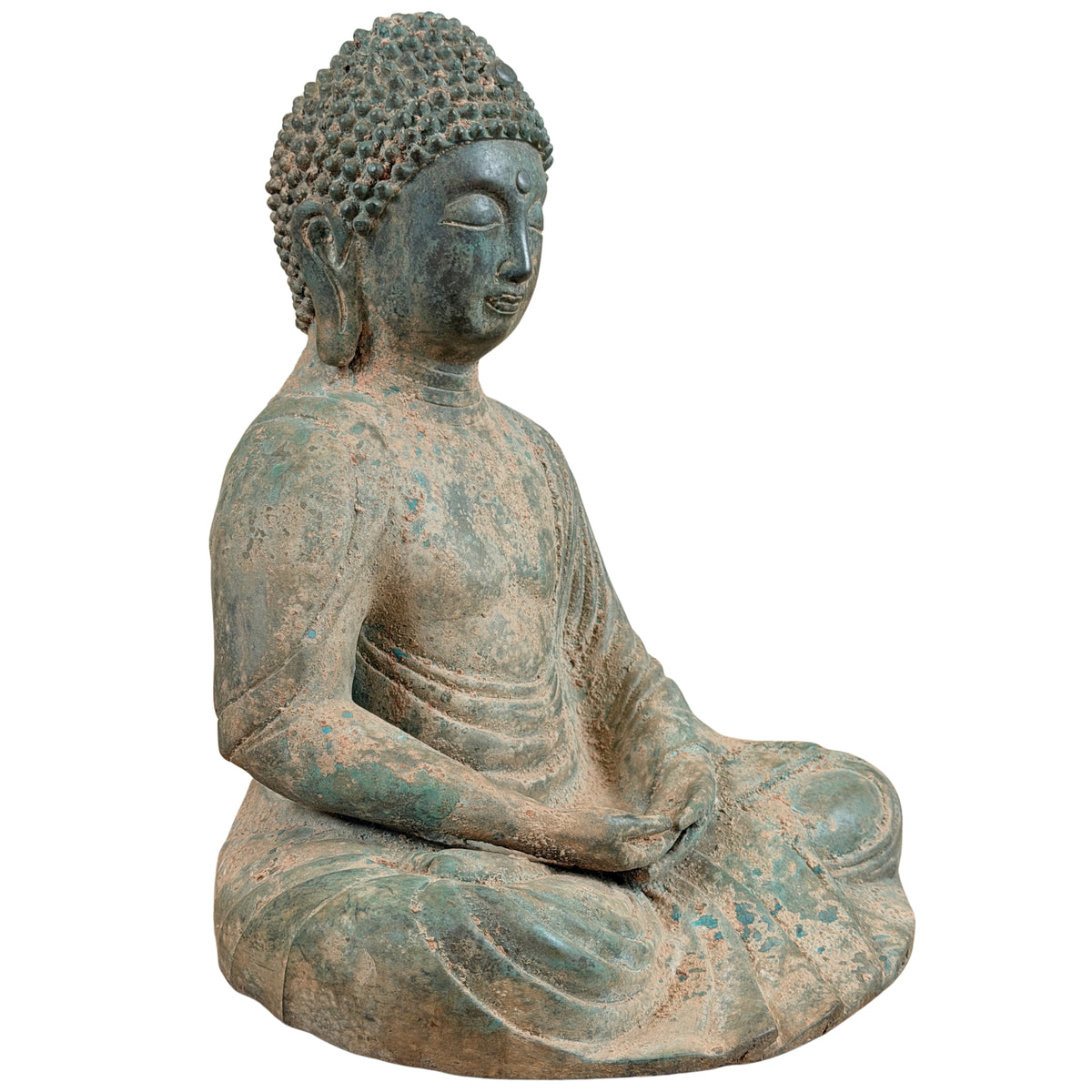Driekwart vooraanzicht van de zittende Japanse bronzen Boeddha