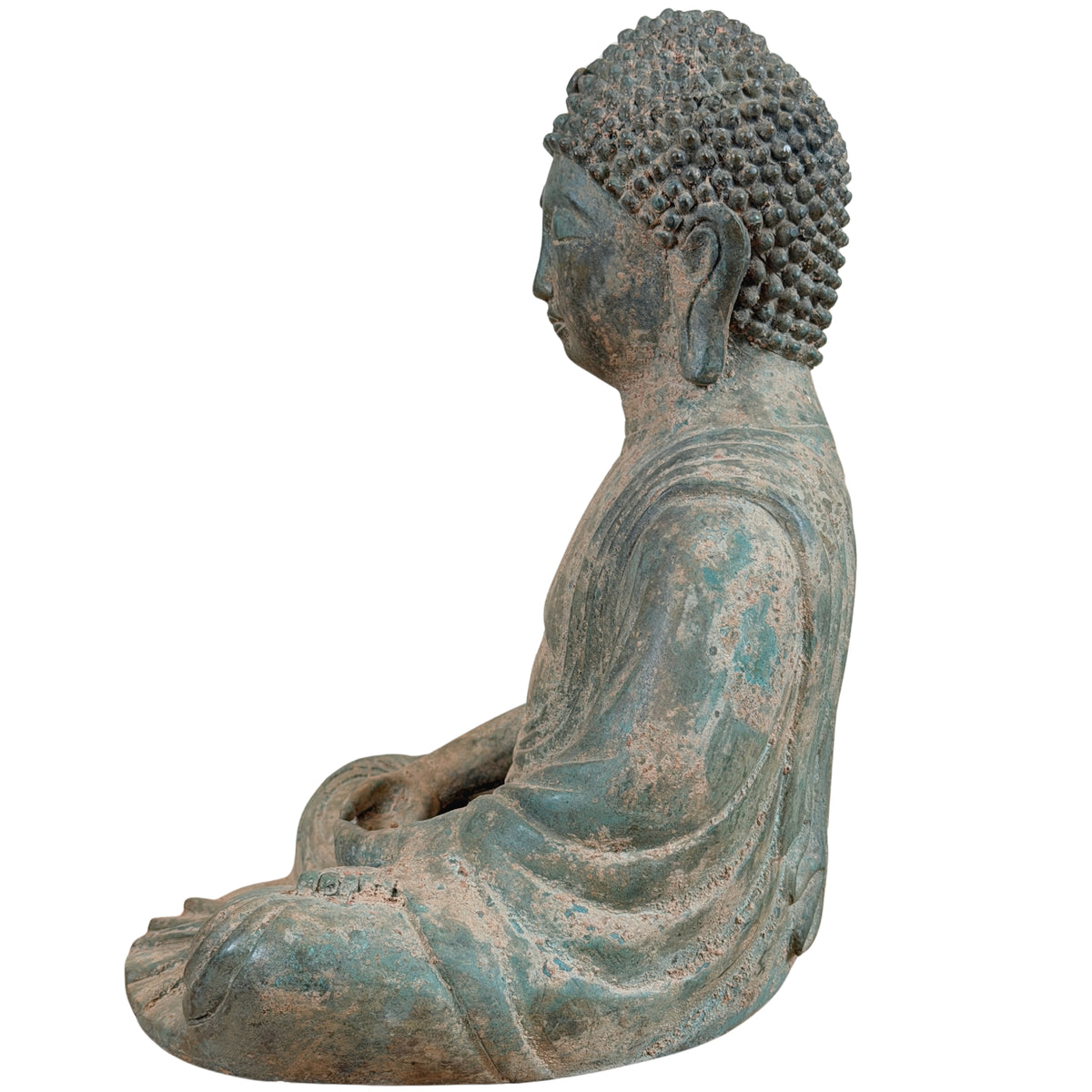 Zijaanzicht van de zittende bronzen Boeddha, andere zijde