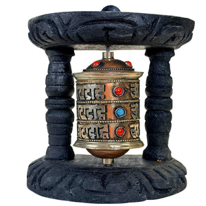 Vintage Tibetaans mani-gebedswiel in zwart houten frame – ca. jaren 1980