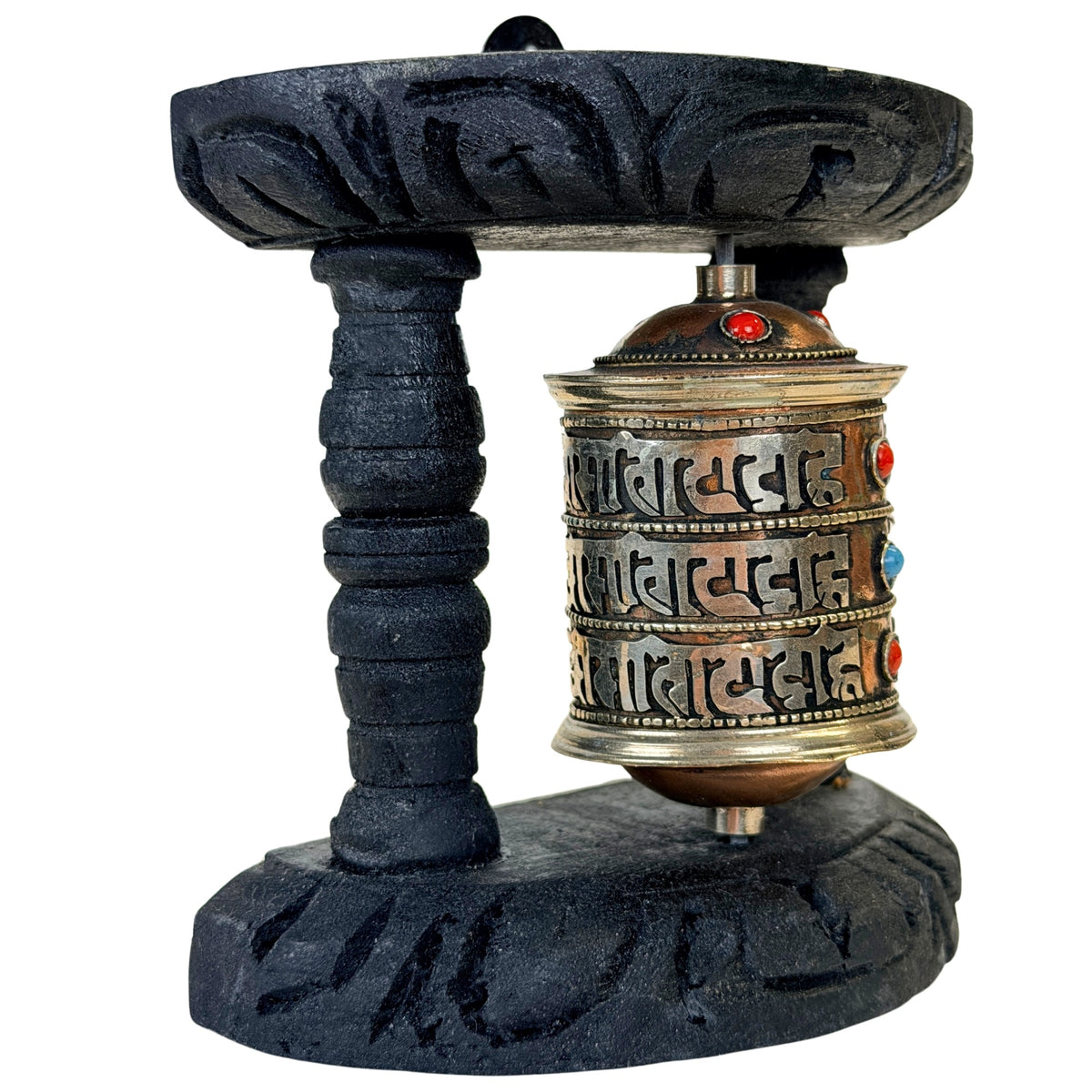 Vintage Tibetaans gebedswiel met metalen mantra-cilinder, schuin vooraanzicht