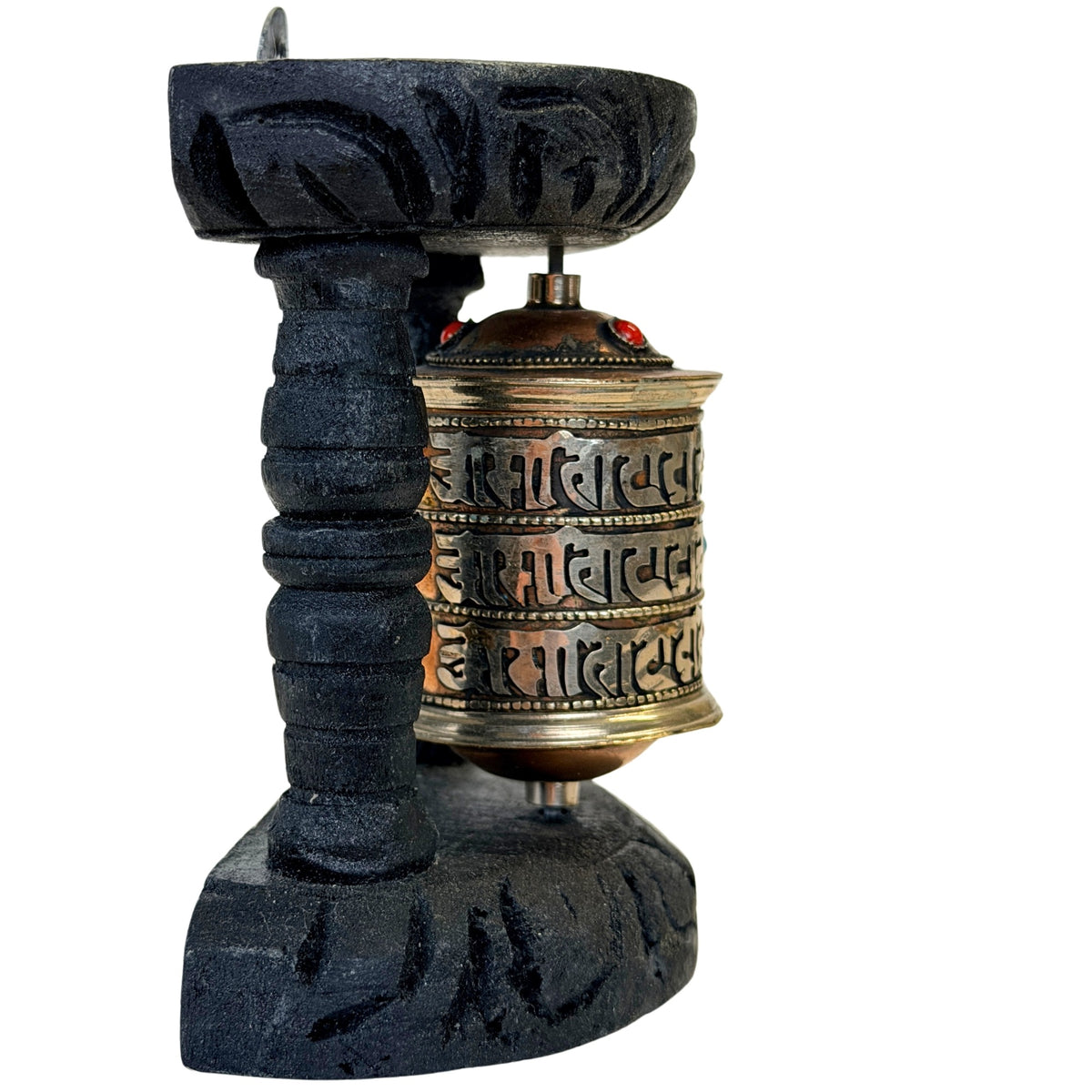 Vintage Tibetaans mani-gebedswiel, zijaanzicht met mantra-inscripties
