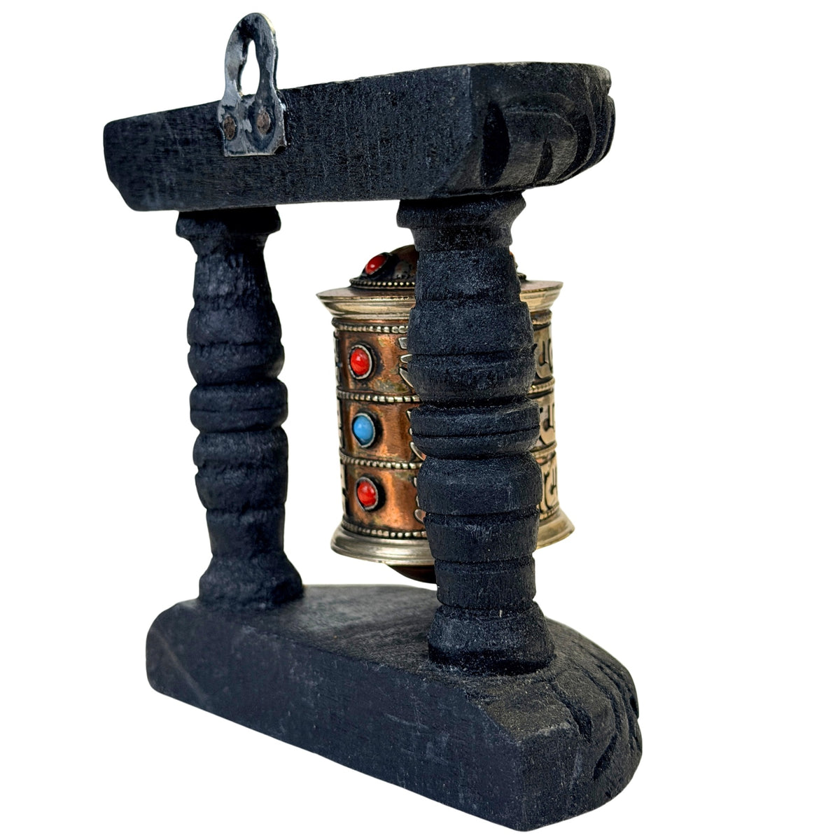 Vintage Tibetaans gebedswiel in zwart gesneden houten frame, achterzijde