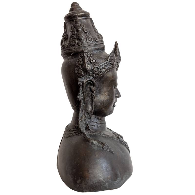 Bronzen Vishnu borstbeeld met kroon uit Cambodja