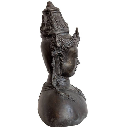 Bronzen Vishnu borstbeeld met kroon uit Cambodja