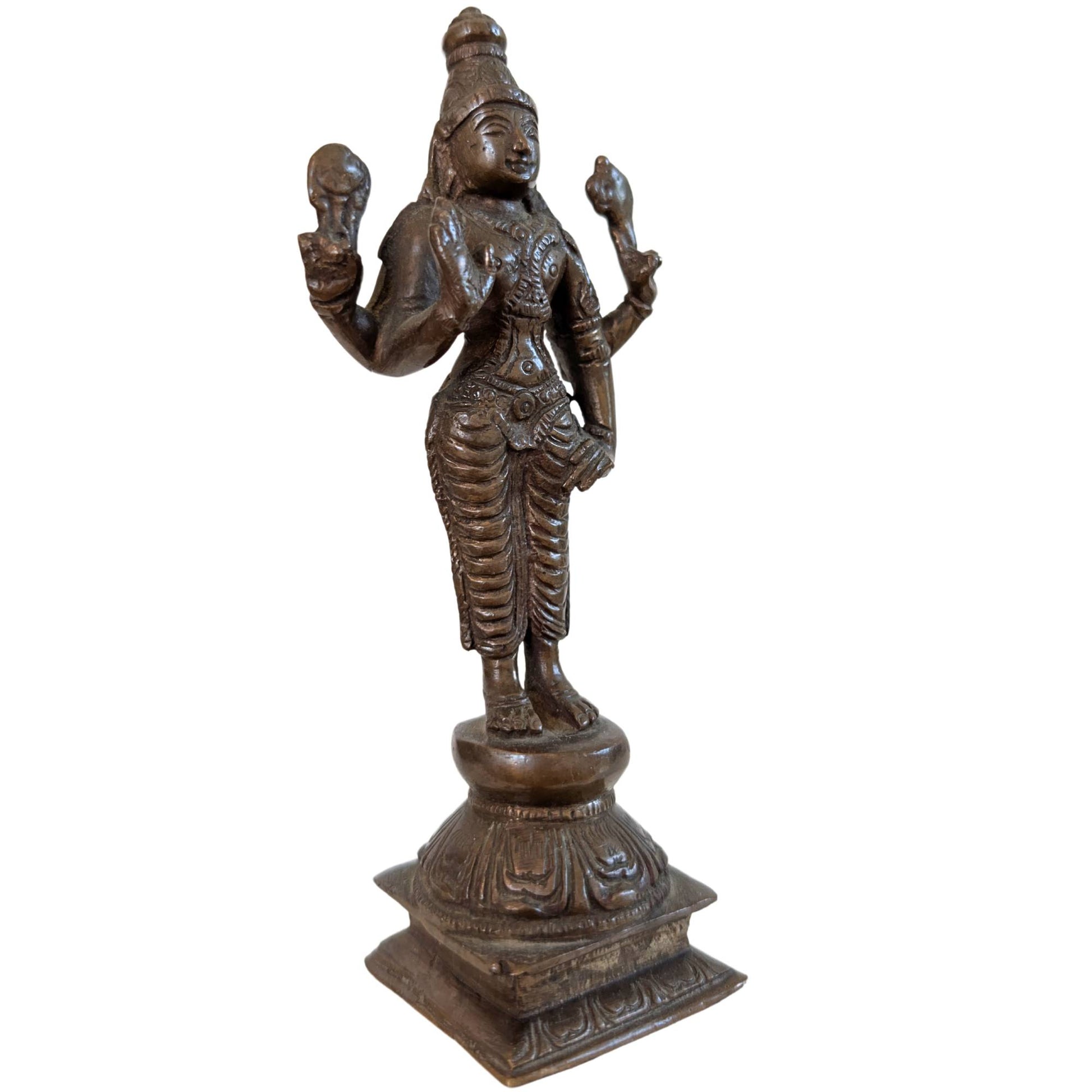 Massief bronzen Vishnu beeld met Shanka en Chakra attributen.