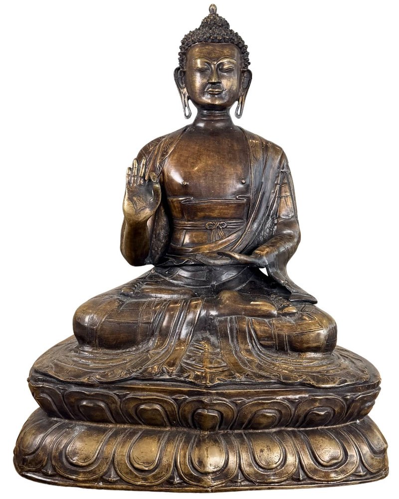 Monumentaal Antiek Vuurverguld Bronzen Shakyamuni Boeddha Beeld – Kasaya Rijstveldgewaad – 18e Eeuw – 69 cm / 27,00 kg
