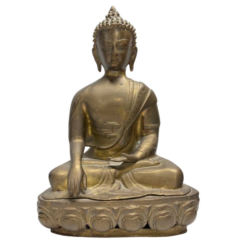 Vuurvergulde bronzen Boeddha uit de Himalaya, 18e/19e eeuw, bhumisparsha mudra