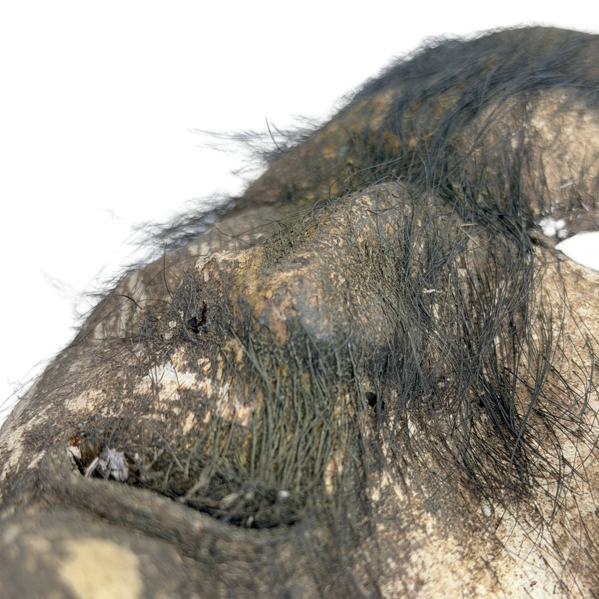 Detail van gevormd yakleer en natuurlijk haar op Nepalees sjamanenmasker