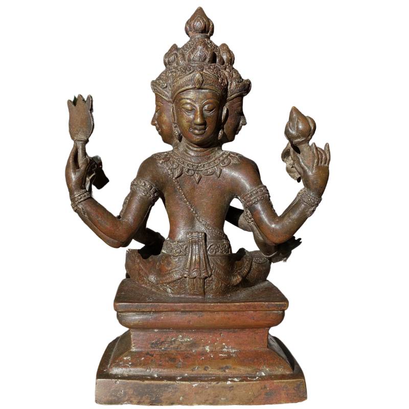 Zesarmig Brahma-beeld in klassieke zittende houding, gegoten in brons