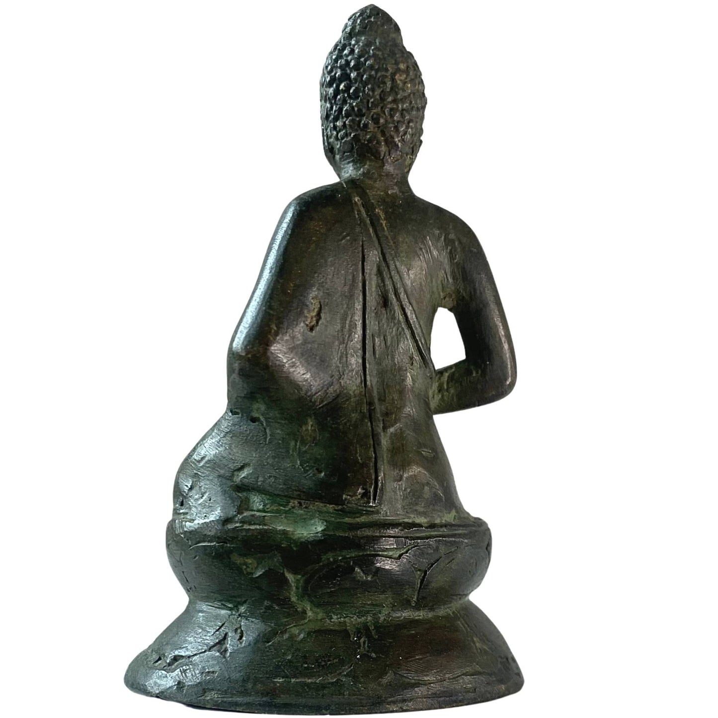 Profiel van het 9 cm hoge antieke bronzen Boeddha beeldje.