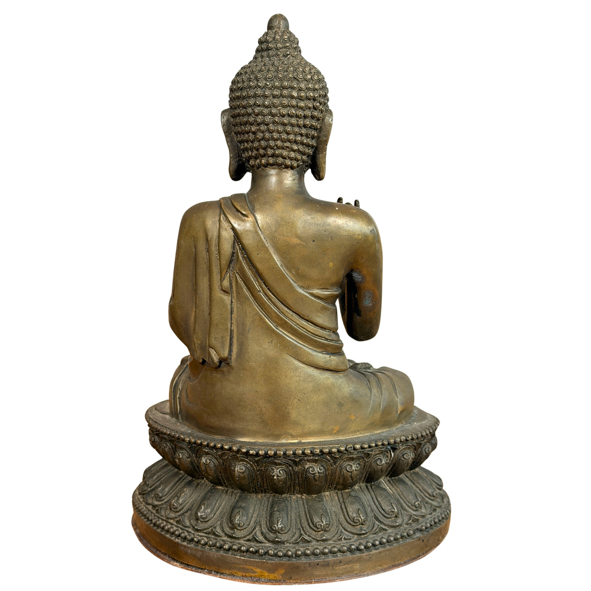 Zittende bronzen Boeddha, achteraanzicht