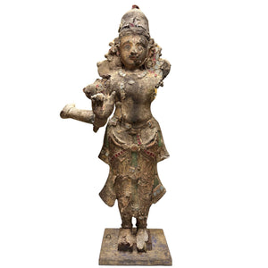 Monumentaal Zuid-Indiaas Venugopala Krishna Tempelbeeld – 18e eeuw – Hout met Polychromie en Glasdecoratie – 90 cm
