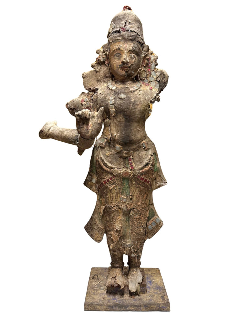 Monumentaal Zuid-Indiaas Venugopala Krishna Tempelbeeld – 18e eeuw – Hout met Polychromie en Glasdecoratie – 90 cm