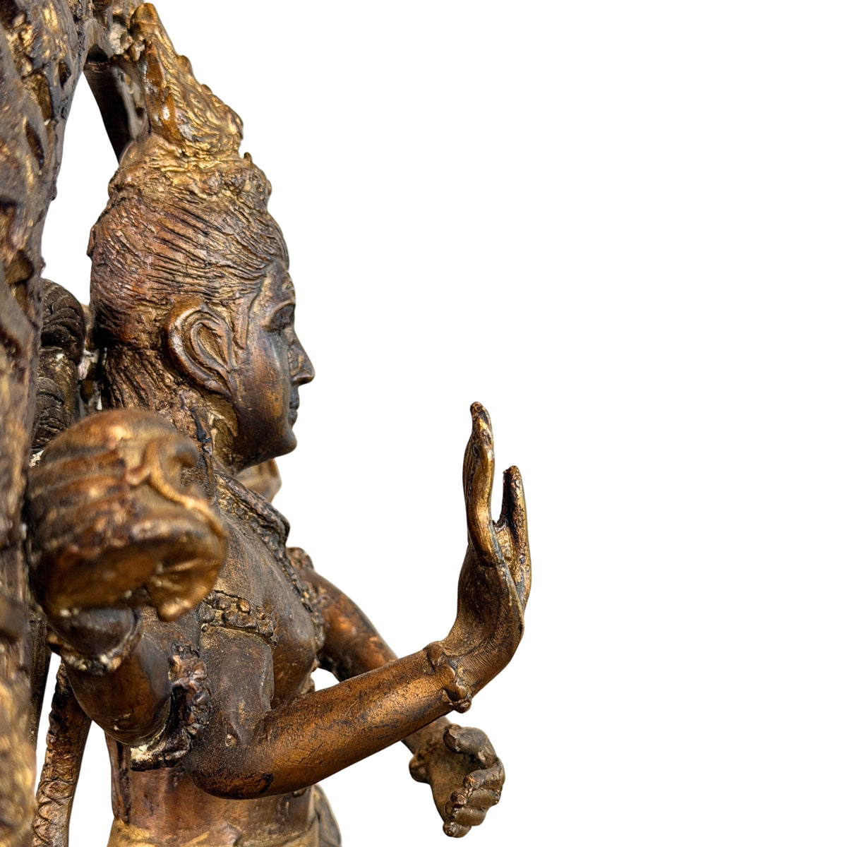 Gezicht en hand in abhaya van opzij, detail