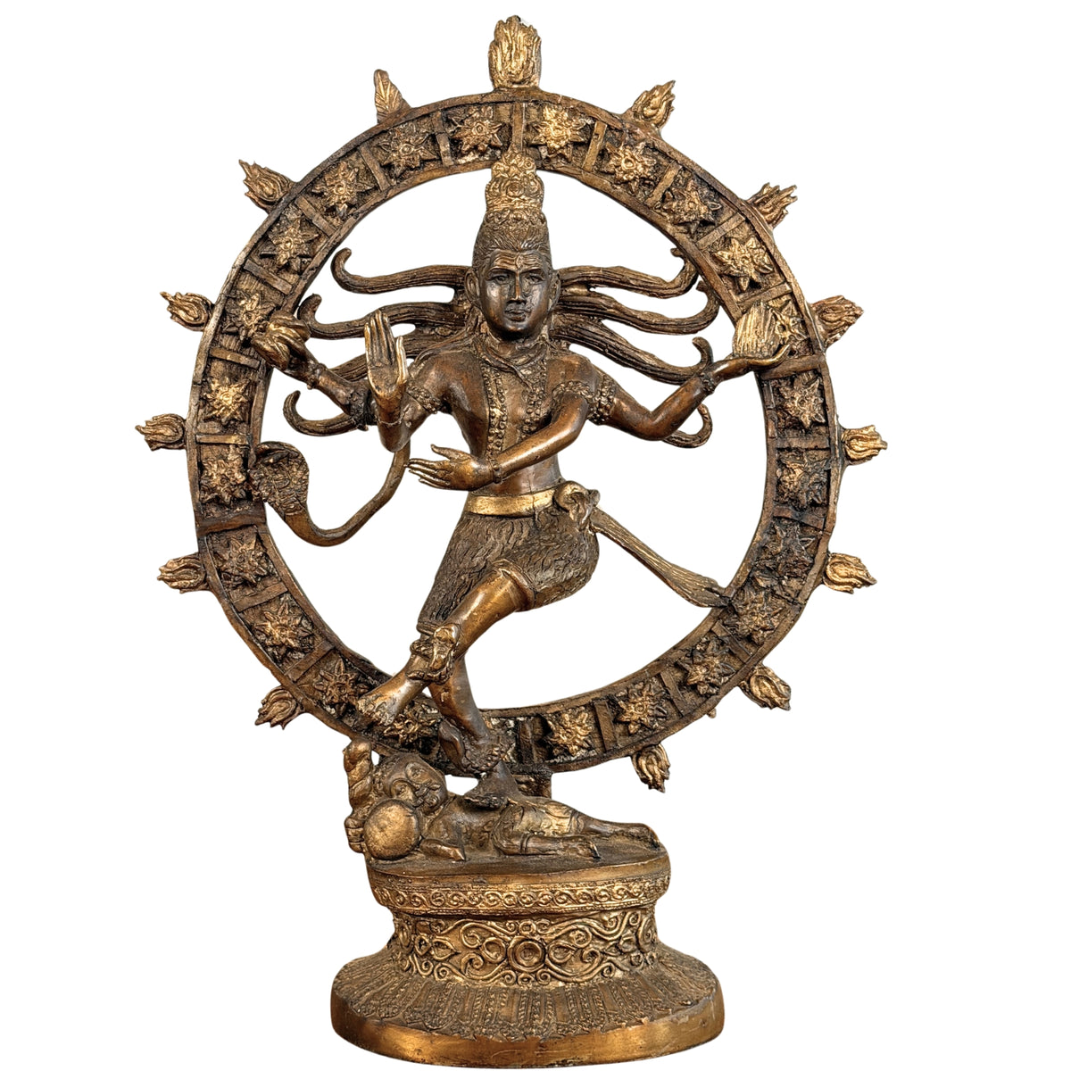 Zuid-Indiase bronzen Nataraja in de vlammencirkel op een rolwerk-sokkel, vooraanzicht
